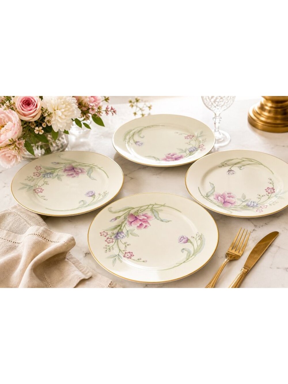 VTG 70s/80s Lenox Heiress Dinner Plates Set Of 4 Floral 10.75" Cream Gold Trim U